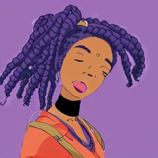 Prompt: black woman with purple dreads with a microphone in space in the style of ghibli