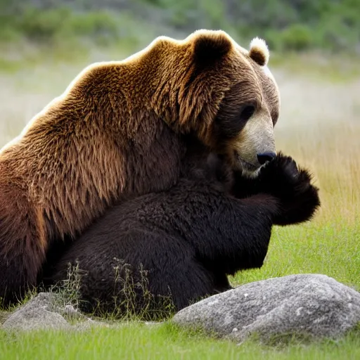 Prompt: Wildlife photography of a brown bear hugging a panda