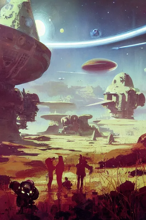 Image similar to 5 0 s pulp scifi illustration, space explorers in beautiful landscape, plain stretching into distance, pond, baobab trees, distant mountains, painted by bergey, craig mullins, john berkey, ruan jia, raymond swanland, jeremy mann, beksinski, jack kirby, tom lovell, alex malveda, schomburg