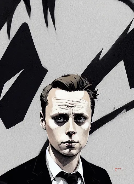 Image similar to highly detailed closeup portrait of martin wallstrom, tyrell wellick, slick back hair wearing suit by atey ghailan, by greg rutkowski, by greg tocchini, by james gilleard, by joe fenton, by kaethe butcher, gradient blue, black and white only color scheme, grunge aesthetic!!! ( ( graffiti tag wall background ) )