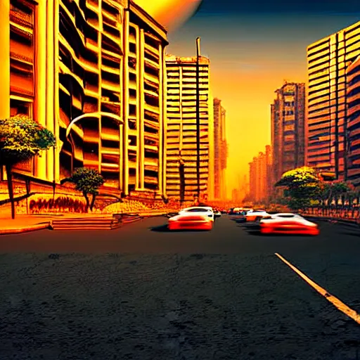 Image similar to mumbai in the future, city streets, golden hour, perspective artwork, photorealism