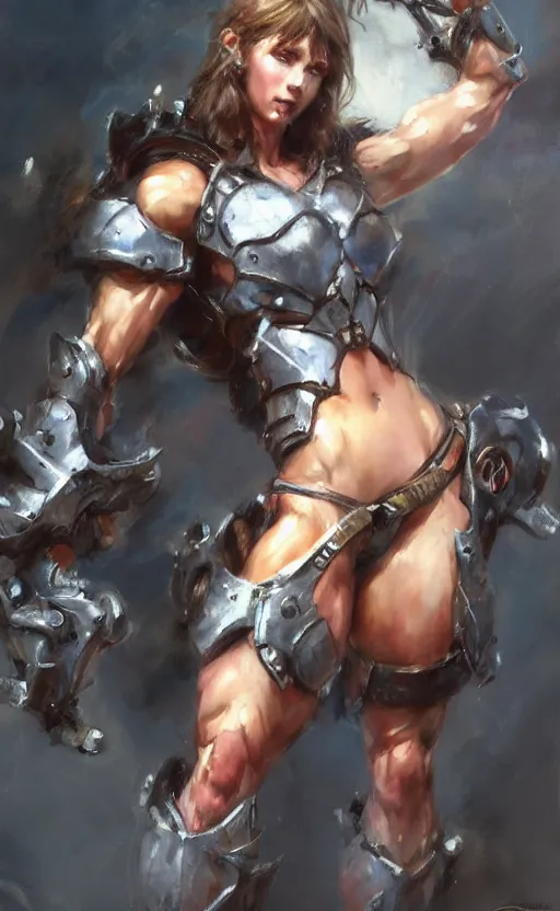 Image similar to muscular full armored girl by daniel gerhartz, trending on art station