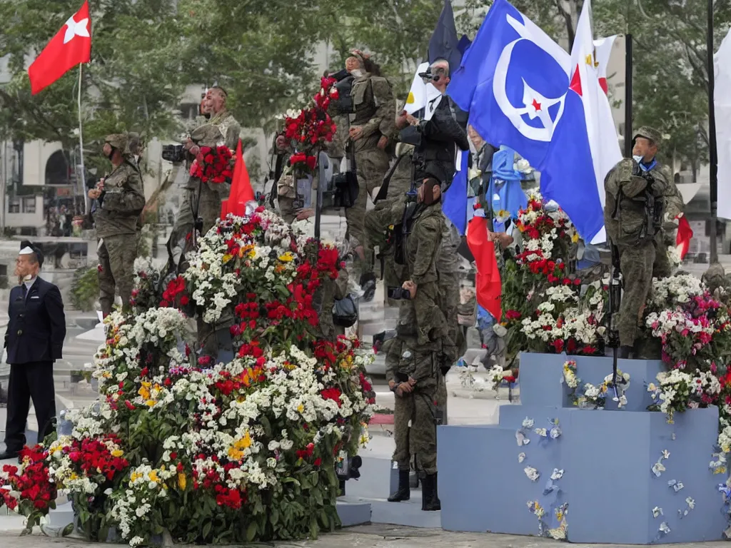 Image similar to military dictatorship with peace symbols on a podium, police state with flowers coming from mouth