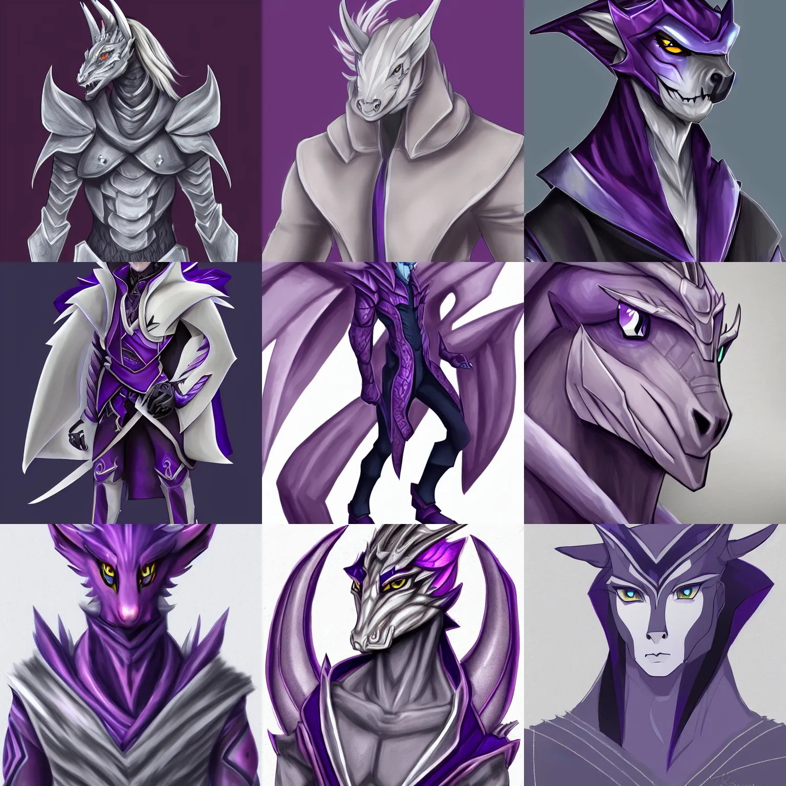 Prompt: half body portrait of a handsome noble young anthropomorphic silver dragon, sharp angular features, male, wearing a luxurious purple cloak, commission on furaffinity, artstation, high quality colored sketch