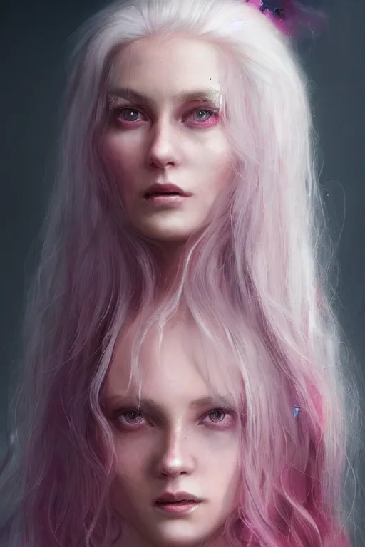 Prompt: a fancy portrait a happy and beautiful women with long white hair and deep pink eye colour by greg rutkowski, sung choi, mitchell mohrhauser, maciej kuciara, johnson ting, maxim verehin, peter konig, 8 k photorealistic, cinematic lighting, hd, high details, dramatic, atmosphereric, trending on artstation