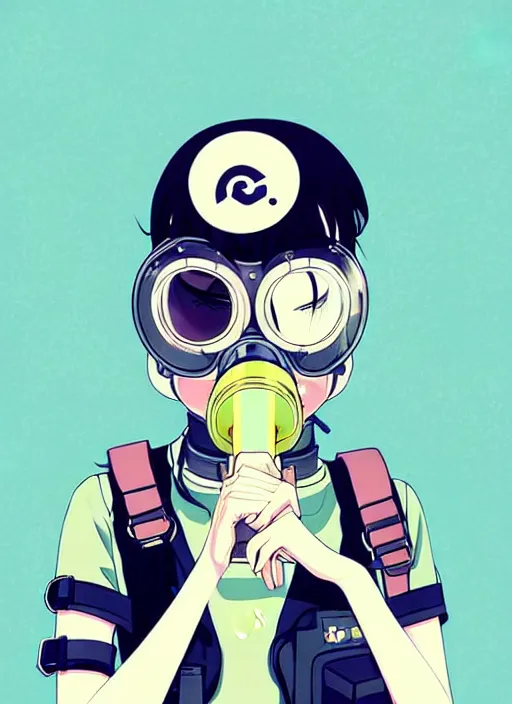 Image similar to girl wearing gas mask and uniform, very anime!!! anime!! intricate details, aesthetically pleasing pastel colors, smoke poster background, art by conrad roset and ilya kuvshinov