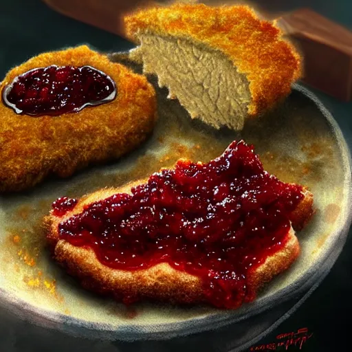 Prompt: epic illustration of a breaded steak with jam and a `blue flower`!!!!!!!!, best on artstation, cgsociety, much detail, much wow, masterpiece