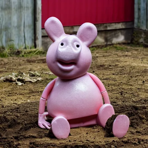 Image similar to peppa pig sitting and crying in a dirty muddy pig sty