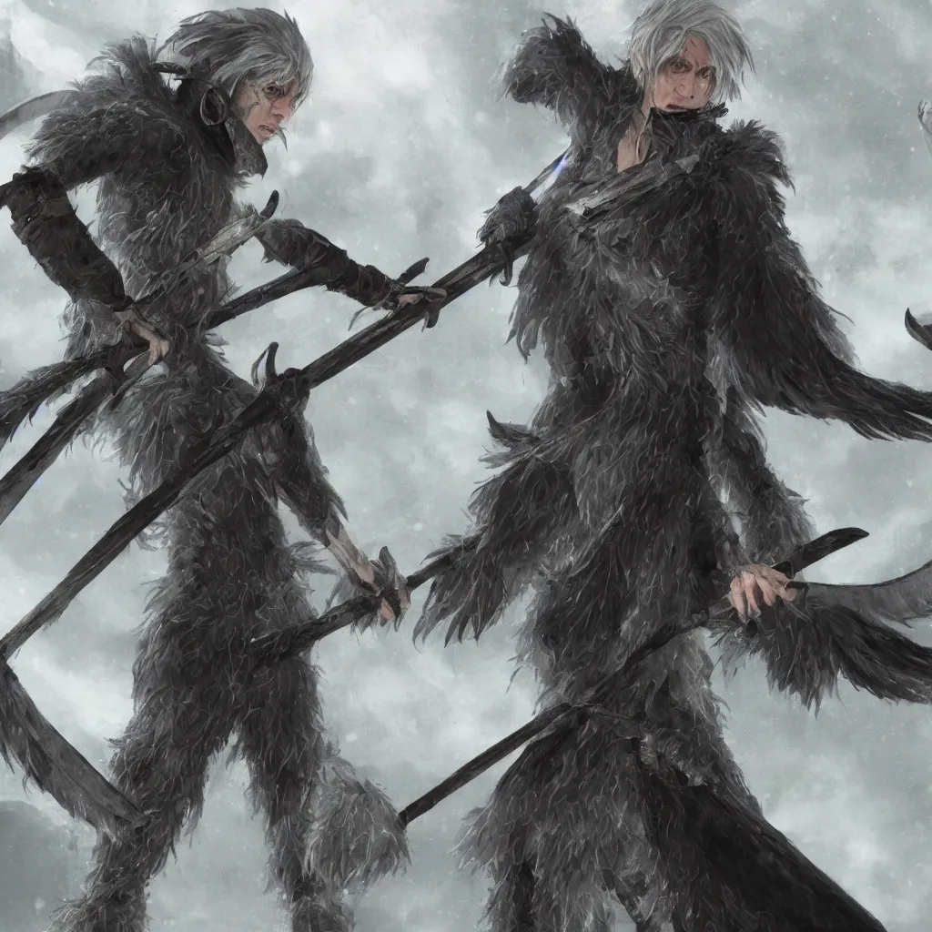 Prompt: A Grey haired caucasian elf, with a long scythe. Dressed in crow feathers, fantasy 8k wallpaper