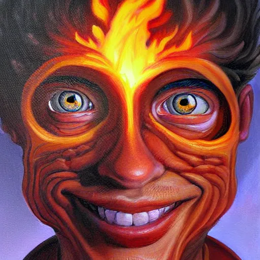 Image similar to a hyper realistic painting of a young fire - man, all face covered with a fire, coherent symmetrical eyes, cunning smile, by jeffrey smith, by andrea kowch, by steve henderson