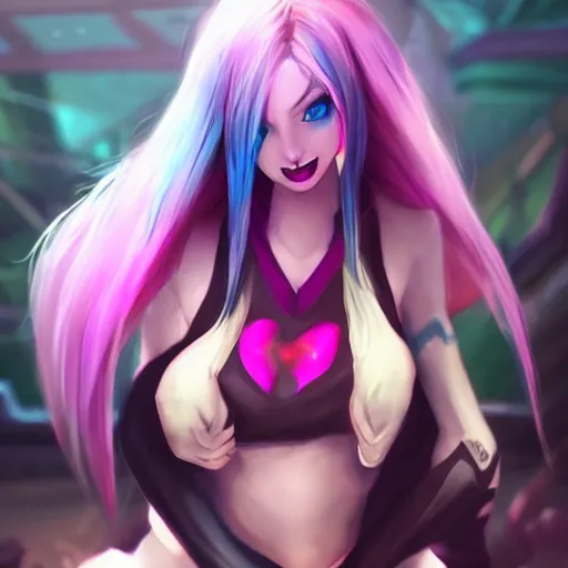 Image similar to league of legends, xayah, kai'sa, best friends, funny, flirty, smiling, playing, photo