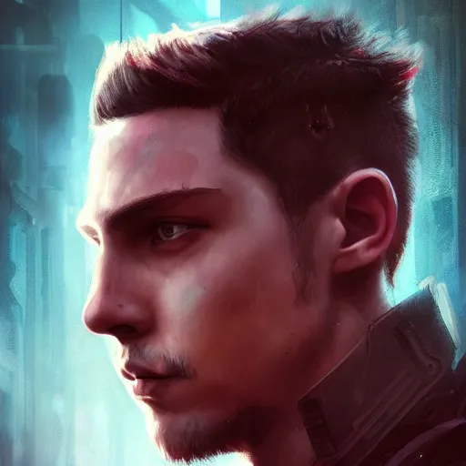 Prompt: logan lerman portrait, dystopia core, apocalyptic, armor, warrior, dramatic, sharp focus, fiction, neon, fantasy, hyper detailed, digital art, trending in artstation, cinematic lighting, studio quality, smooth render, unreal engine 5 rendered, octane rendered, art style and nixeu and wlop and krenz cushart