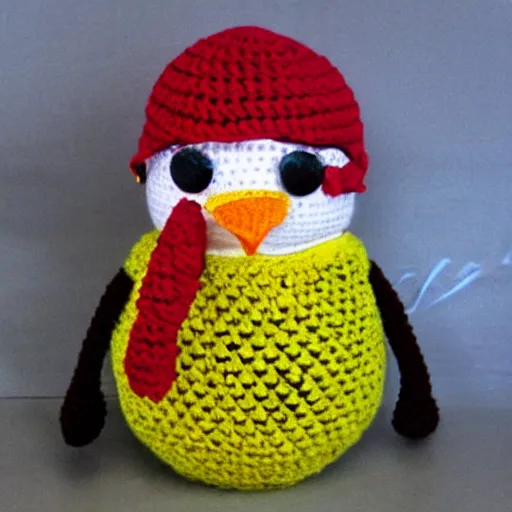 Prompt: crocheted penguin doll,