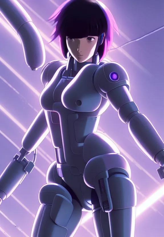 Image similar to a fullbody pose of motoko kusanagi riding a tachikoma, ghost in the shell : : connected to cables, under repairs, maintenance area, technicians : : by ilya kuvshinov, rossdraws, artgerm, sola digital arts, anti aliasing, raytracing : :