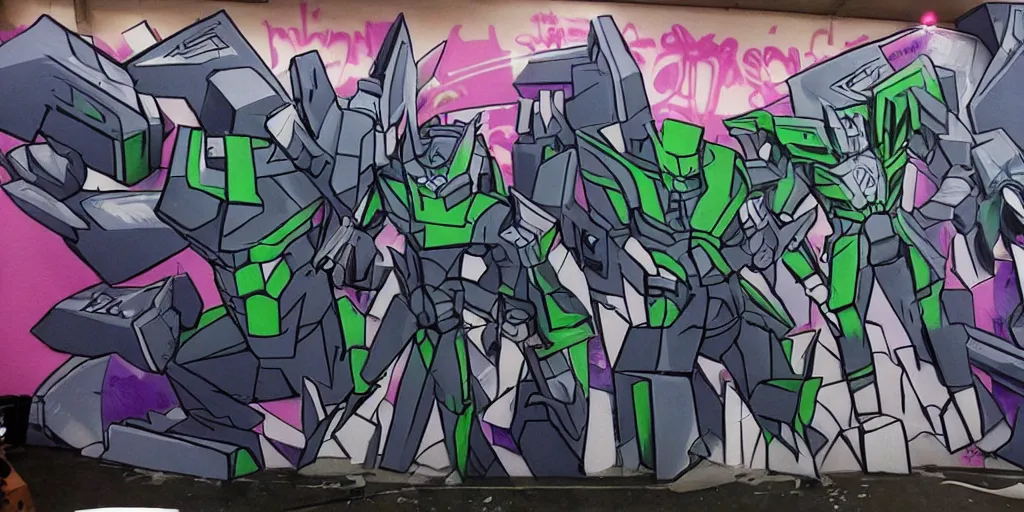 Image similar to decepticons transforming into 3 d! graffiti, arrows, paint drips, gradient shading, highly detailed, reflective