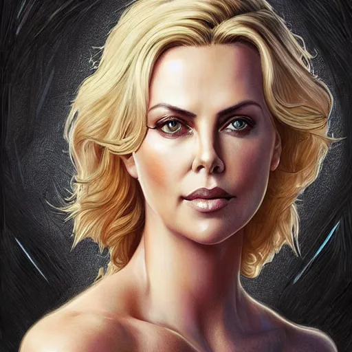 Image similar to a portrait of charlize theron as a sorceress, upper half portrait, urban motifs, intricate, elegant, highly detailed, digital painting, trending on artstation, concept art, smooth sharp focus, illustration, art by artgerm and greg rutkowski