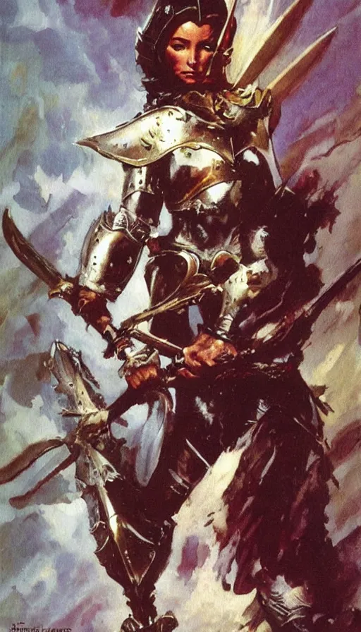 Image similar to fantasy painting by Frank Frazetta portraying a female knight in armor,wielding a sword,high quality,beautiful,detailed