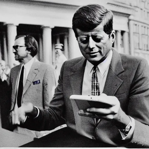 Prompt: 1 9 7 0 s vintage photograph of john f kennedy using an ipad, very detailed, very intricate, photorealistic,