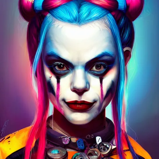 Image similar to Portrait of Harley Quinn but she's a beautiful ape kid with long pony tails on either side of her head, mayhem, illustration, by James Jean, artgerm, octane render, by John Coltrane and Marc Simonetti, Manic, inspired by Greg rutkowski, colorful, high detail of the face, full body