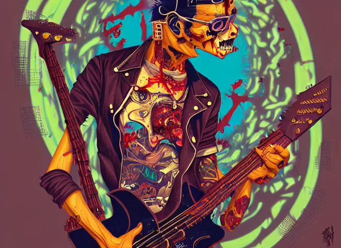 Image similar to a zombie punk rocker with a mohawk playing electric guitar, tristan eaton, victo ngai, artgerm, rhads, ross draws, rule of thirds by francis tneh