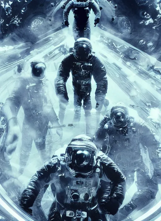 Image similar to astronauts in dark and empty void underwater - complex and hyperdetailed technical suit. reflection and dispersion materials. rays and dispersion of light. volumetric light. 5 0 mm, f / 3 2. noise film photo. flash photography. ultra realistic, wide angle. poster by wayne barlowe, hajime sorayama aaron horkey, craig mullins
