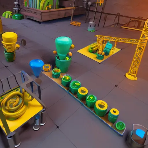 Image similar to 3 d render of a factory videogame. producing magic potions. factorio, rube goldberg. bright and colorful, minimalist. contraptions. clean, arnold render with raytracing.