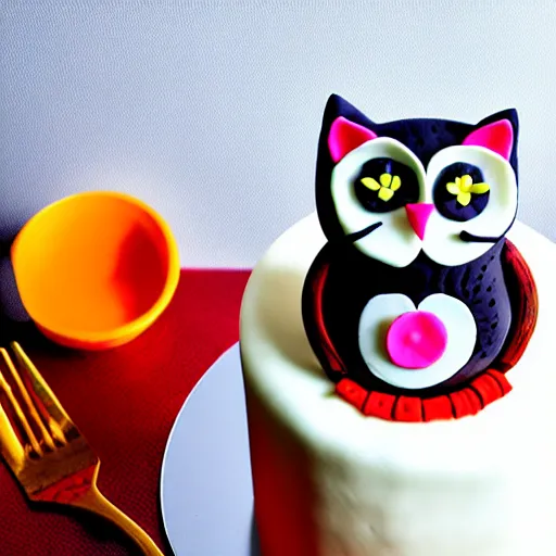 Prompt: photo of a cake, cat decoration, owl decoration, studio lighting, sharp focus