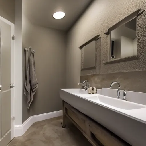 Prompt: This large, square bathroom has a shower tub and sink with porcelain fixtures. The sink is set into a stone counter. The floor is poured and the walls are textured and painted. Light is provided by ceiling lights. The room is done in muted colors and overall has a cluttered look. Among the first things one notices walking in is a conspicuous stain on the floor.