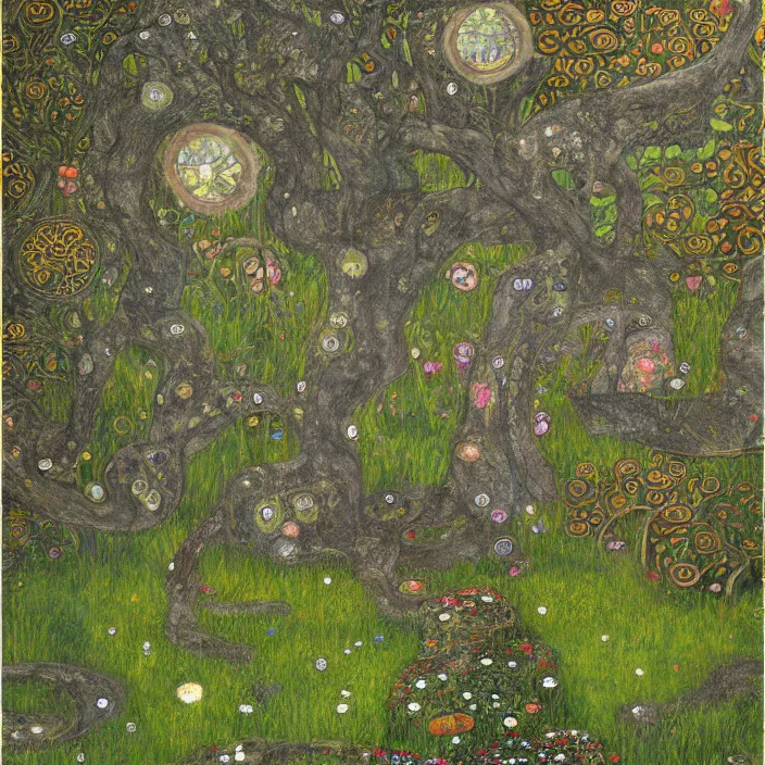 Image similar to ancient overgrown! ruins, medieval gates, runestones!, mysetrious etherial mesmerizing runic!!!, catlike, magical elven geometry, concept art by gustav klimt!, deviantart contest winner, environmental art, indigo flower meadow, fairy circles, lit by moonlight!!, high detail, intricate masterpiece