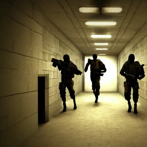Prompt: cinematic award winning movie scene of scp - 0 9 6 escaping containment with mtf scp soldiers with guns aiming, dark creepy room, sharp focus, 8 k, realistic