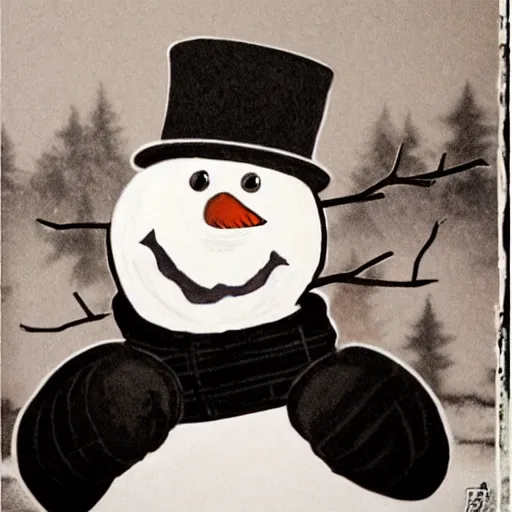 Image similar to a snowman doing boxing versus john cena, realistic, black and white