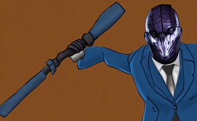 Image similar to cinematic view of a dead by daylight killer lawyer wearing a blue business suit with a gavel weapon, character portrait, digital art