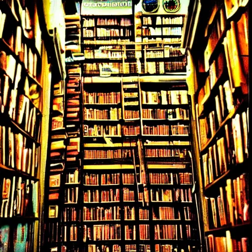 Image similar to “lost in a labyrinth that is Powell’s City of Books. Creepy liminal photo. Hyperrealistic, benchmark resolution photo”