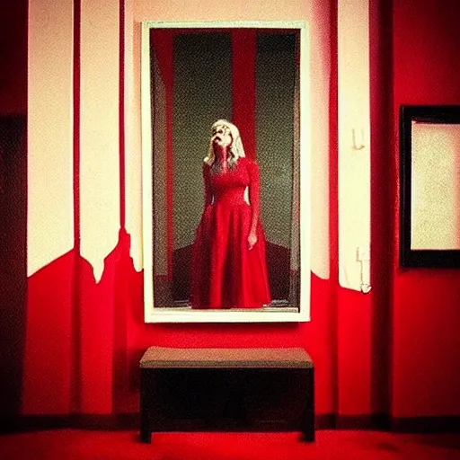 Image similar to “ woman in twin peaks red room, hyperdetailed, realistic lighting aesthetic, surreal vibes ”