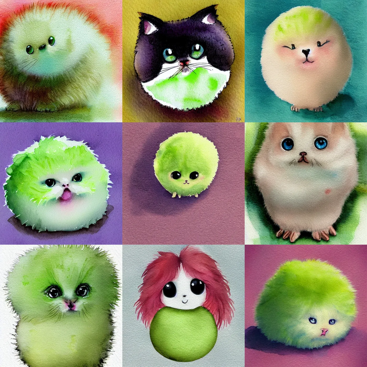 Prompt: lightly lime colored cute puff ball with adorable face, beautiful watercolor illustration, digital art