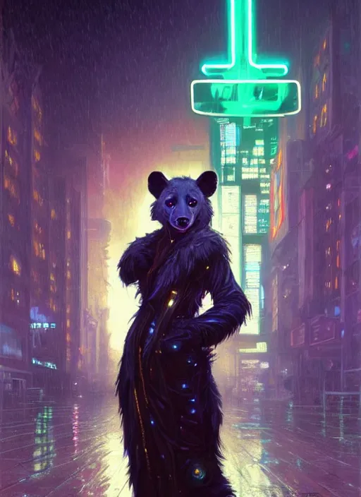 Image similar to beautiful full-body portrait commission of a (female furry anthro!!! spotted hyena fursona) (wearing jedi robes) (in a cyberpunk city at night in the rain). Neon light. Atmospheric. Renowned character illustration by greg rutkowski, thomas kindkade, alphonse mucha, loish, norman rockwell.