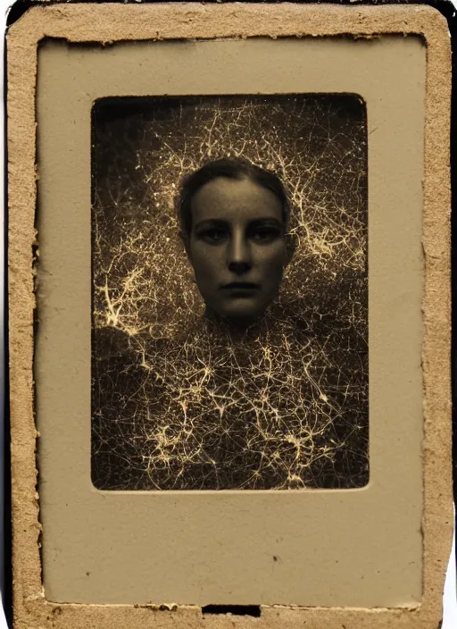 Image similar to old wetplate daguerreotype portrait, explosion of data fragments, fractal, intricate, elegant, highly detailed, parallax, leica, medium format, subsurface scattering, by marie harnett