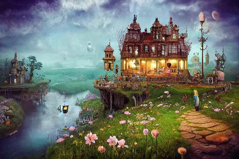 Prompt: 🐝🐞🦚🌸🌻 lowbrow, matte painting, 3 - d, highly detailed, in the style of alexander jansson,