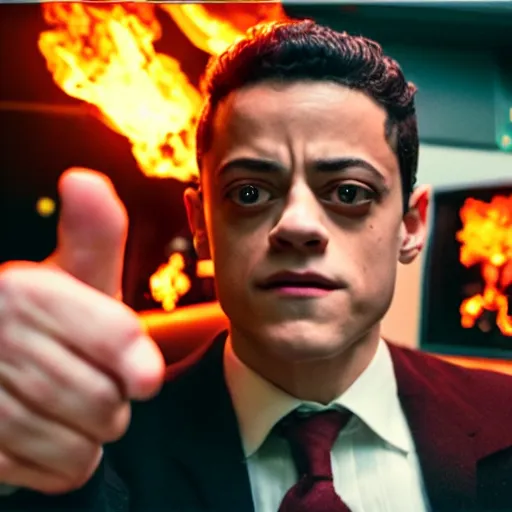 Prompt: Rami Malek as a system administrator, doing a thumb up to the camera, there are servers in flames in the background, 35mm