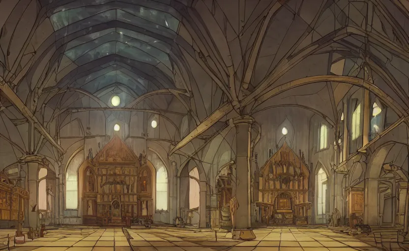 Prompt: a renaissance church hall, crystal lights, mysterious atmosphere, cel - shading, cinematic, artstation, studio ghibli, miyazaki, highly details