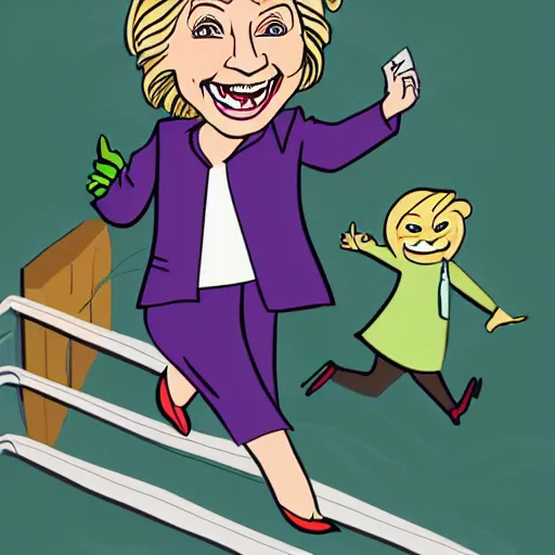 Image similar to large hillary clinton chasing after anthropomorphic envelopes running away in fear, cute cartoon artstyle, green sunny hills