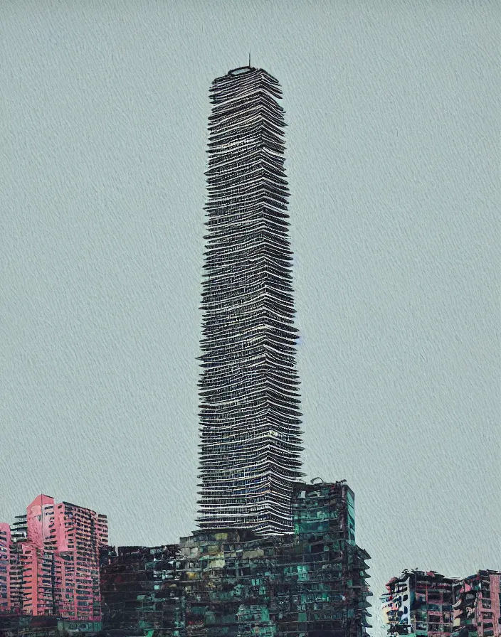 Image similar to fukuoka tower, a collage painting, in the style of wes anderson, lola dupre, david hockney, isolated on negative white space background dark monochrome fluorescent spraypaint accents volumetric octane render, no double figure