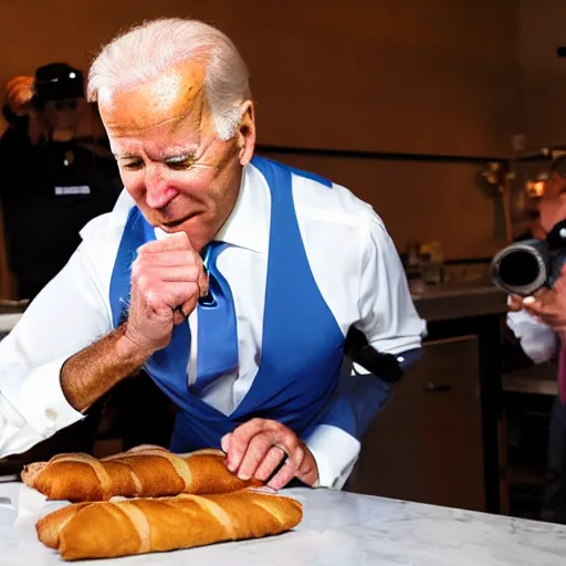 Image similar to joe biden cutting open a canoli, artistic vision, sacred, color restoration