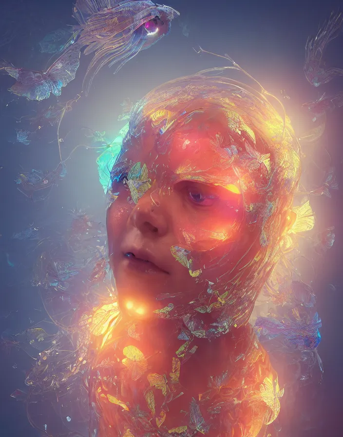 Prompt: beautiful princess. human skull jellyfish butterfly phoenix head. burning water. intricate artwork by Tooth Wu and wlop and beeple and dan mumford and greg rutkowski. halo. octane render, cinematic, hyper realism, octane render, 8k, depth of field, bokeh. iridescent accents