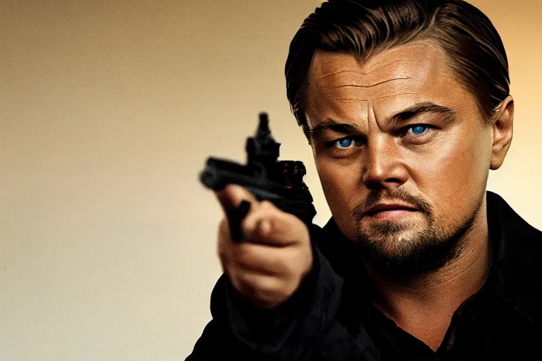 Prompt: close-up of Leonardo DiCaprio as a terrorist in the new movie directed by Adam McKay, movie still frame, promotional image, symmetrical shot, idiosyncratic, relentlessly detailed, limited colour palette