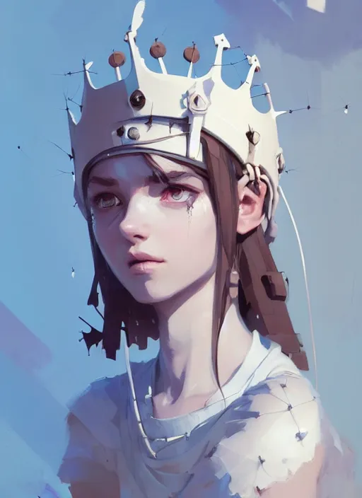 Image similar to portrait of cute angel maiden girl with crown of thorns and white short hairs, warhammer, cyberpunk, by atey ghailan, by greg rutkowski, by greg tocchini, by james gilleard, by joe gb fenton, by kaethe butcher, dynamic lighting, gradient light blue, brown, blonde cream and white color in scheme, grunge aesthetic