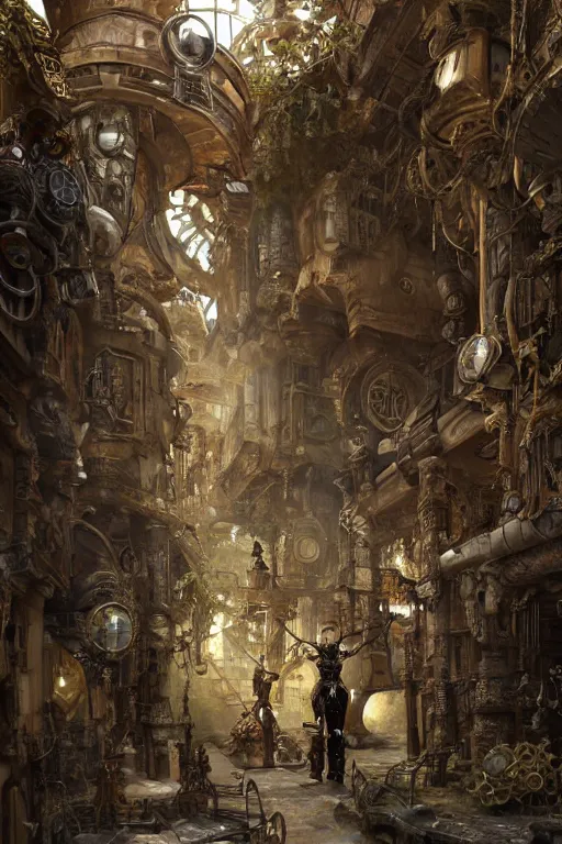 Prompt: a biomechanical palace guard made of machine parts and clocks is walking through a steampunk byzantine courtyard by anders zorn, wonderful, mandelbulb 3 d buildings, fractal designs, dynamic, masterpiece by greg rutkowski, hyperrealism, beautiful cinematic light, by greg manchess, jessica rossier