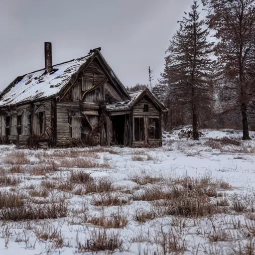 Prompt: a distorted post-apocalyptic landscape with a singular iron-made 10-foor house near the frozen lake hd 8k photo