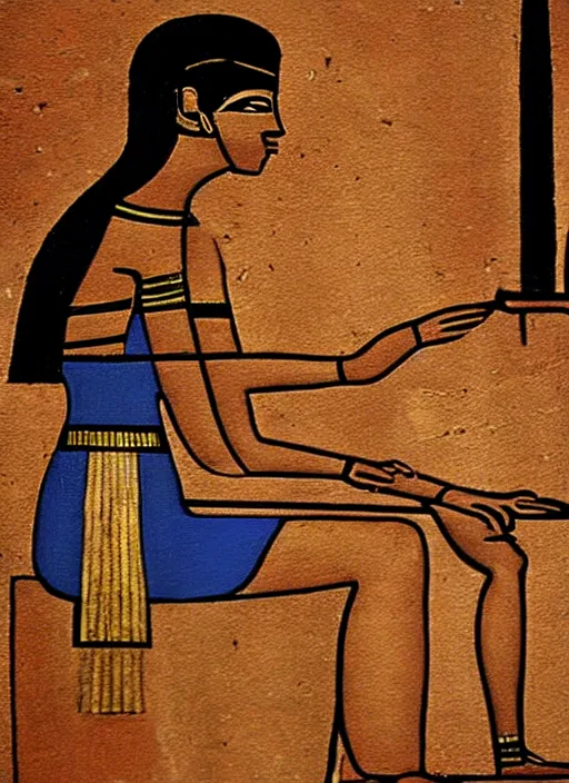 Image similar to ancient egypt painting of girl playing piano, 4 k, high quality, sharp fucos