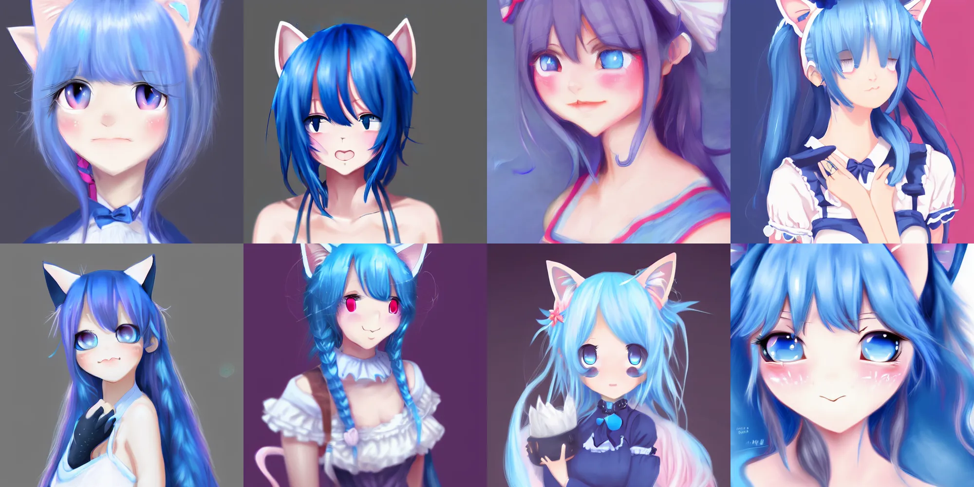 Prompt: very beautiful digital painting of a blushing blue-haired cat girl, neko, maid, ishikei, wlop, trending on artstation